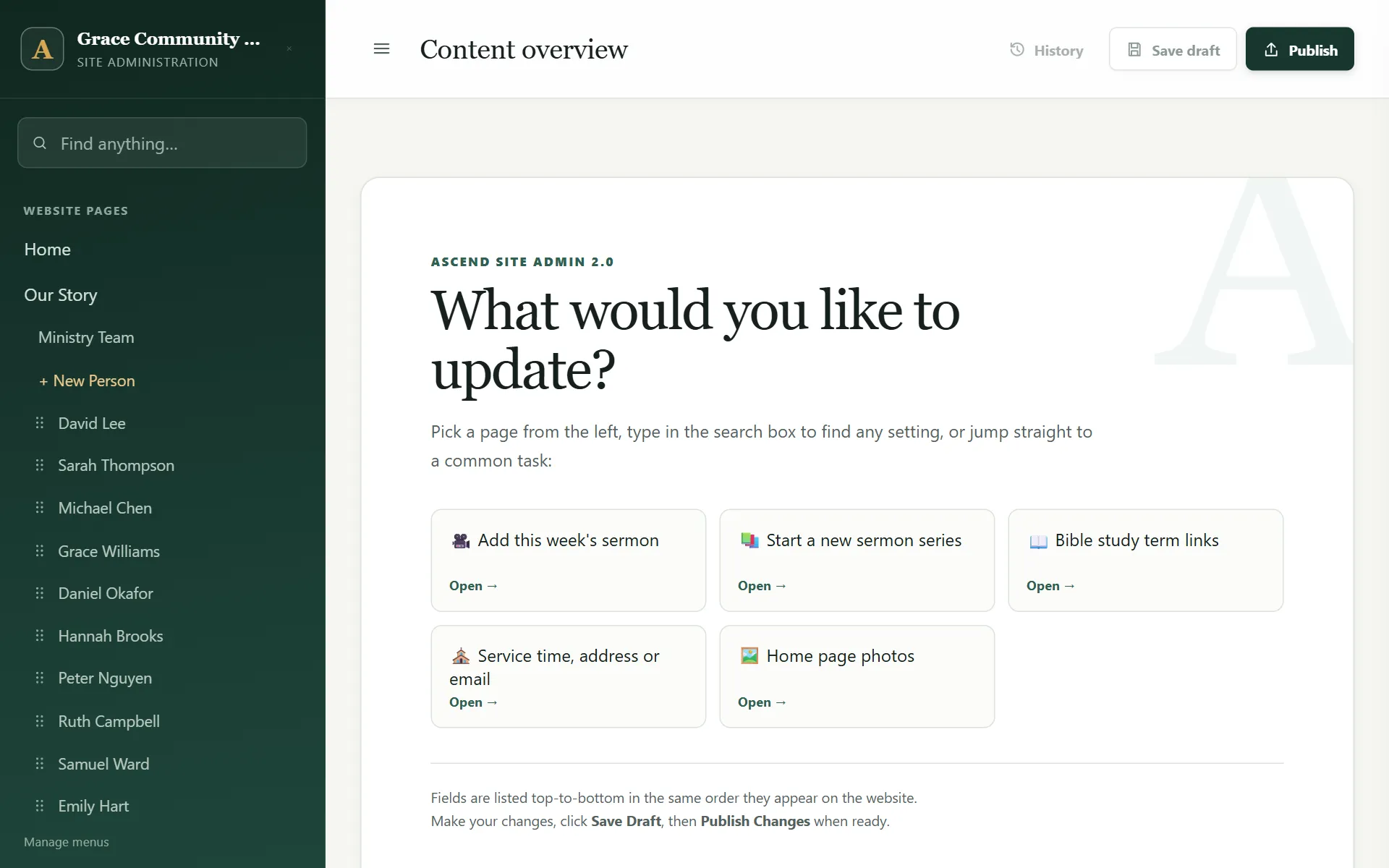 The admin panel home screen, asking "What would you like to update?", with shortcuts such as "Add this week’s sermon"
