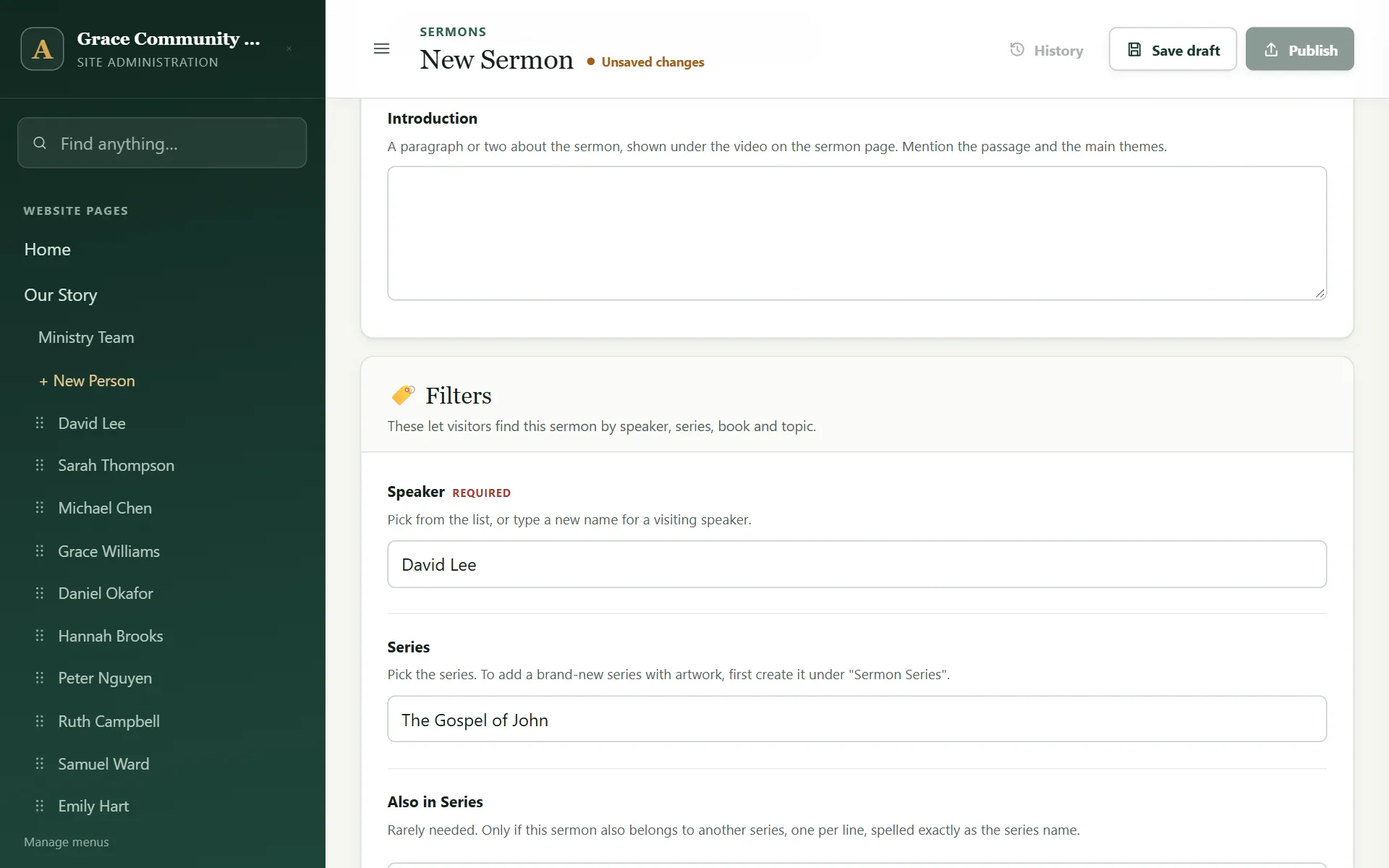 The Filters section of the sermon form, with the speaker and series filled in