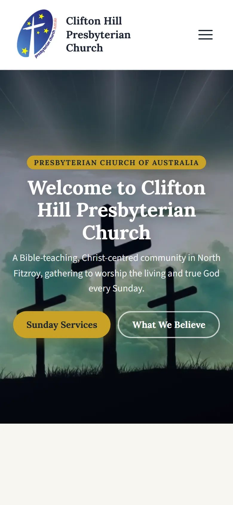 The Clifton Hill Presbyterian Church website on a phone