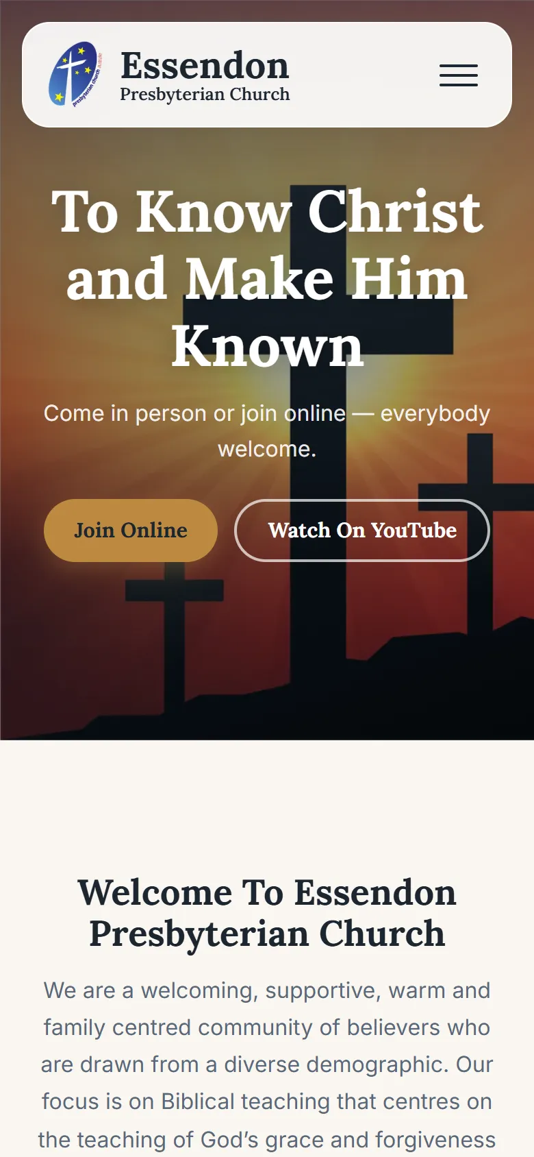 The Essendon Presbyterian Church website on a phone