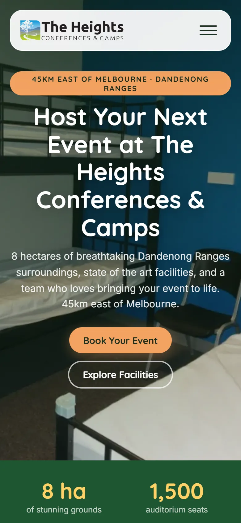 The The Heights Conferences & Camps website on a phone
