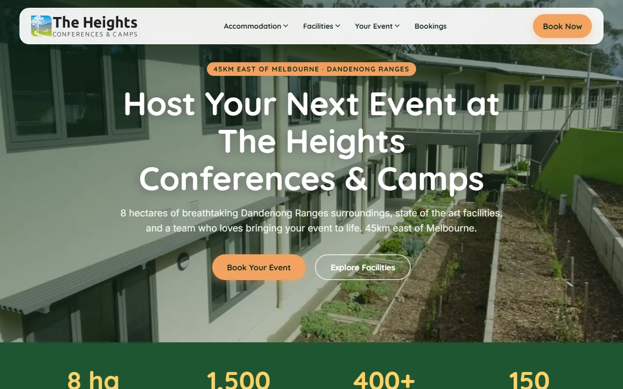 The The Heights Conferences & Camps website on a computer